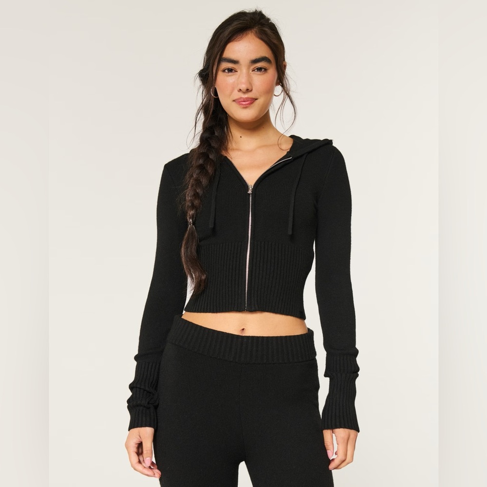Gilly Hicks Hollister Cropped Knit Zip Hoodie – Black, Women’s Medium